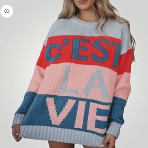 C'est La Vie Women's Sweater French Colorblock Oversized Soft girl Cozy Large